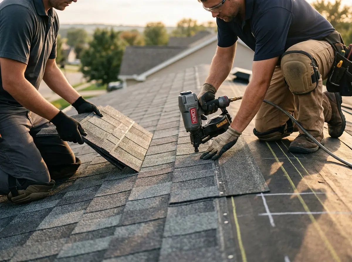 Professional roofer working on a residential roof in Bangor Base